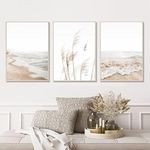 Beach Boho Prints Coastal Canvas UNFRAMED, Beach Pictures Wall Art Pampas Grass Ocean Poster Plant Landscape Beach Scene Artwork for Living Room Bedroom Decor 16x24 Inch, Set of 3