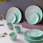 The Earth Store Tritone Green Matte 18 Piece Ceramic Dinner Set 6, Full Dinner Plates, 6 Quarter Plates, 6 Vegetable Bowls | Microwave & Dishwasher Safe | Ceramic Dinner Set for Diwali Giftings