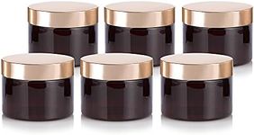 JUVITUS Amber PET Plastic (BPA Free) Refillable Low Profile Jar with Gold Metal Overshell Lid - 12 oz (6 Pack)