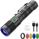 LUXJUMPER Multi Color 5 in 1 Powerful Tactical LED Torches High Power Green White Red Yellow Blue Light Rechargeable Torch 4 Modes Zoomable Waterproof Light for Astronomy Hunting Fishing