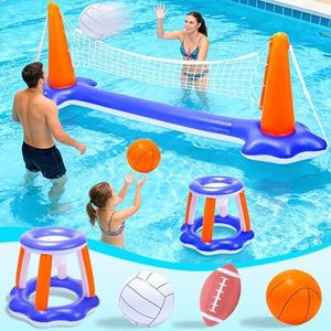 Skirfy Inflatable Pool Toys, 2-in-1 Swimming Pool Basketball & Volleyball Sets, Floating Basketball Hoop and Water Football, Summer Pool Game for Kids and Adults