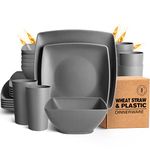 Teivio 24-piece Wheat Straw Square Dinnerware Set for 6, Unbreakable Dinner Plates, Salad Plates, Snack Bowls, Tumblers 20 oz, Dishwasher Safe (Service for 6 (24 pieces), Grey)