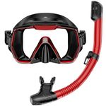 Snorkel Set Adults Snorkeling Gear Anti-Leak and Anti-Fog Tempered Glass Lens Panoramic View Swim Mask Dry Top Snorkel Kit for Snorkeling Scuba Diving Swimming Travel with Carry Bag Red