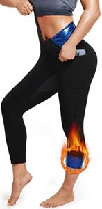 LMCOB Sauna Sweat Pants for Women High Waist Compression Slimming Leggings Workout Hot Thermo Capris with Pocket, Blue Lining, Small