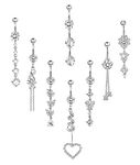 BodyBonita 8pcs Dangle Belly Button Rings Stainless Steel Clear CZ Navel Rings Curved Barbell Body Piercing Jewelry for Women 14G