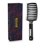 REhair Premium Boar Bristles Detangler - Pain Free Hair Brush - Vented Design for Faster Blow Drying (Black)