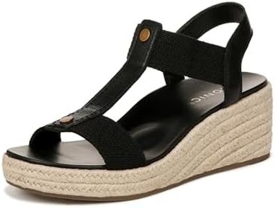 Vionic Calera Sandales à talons compensés pour femme avec semelle intérieure orthopédique Soutien de la voûte plantaire, cuir noir, 38.5 EU