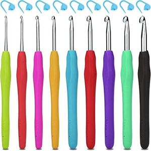 H&S Crochet Hooks Set - 9pcs - Hook with Soft Grip Rubber Handle - with 12 Crochet Locking Stitch Markers