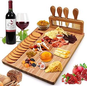 Bamboo Cheese Board Set, Cheese Tray, Charcuterie Board and Serving Meat Platter with 4 Stainless Steel Cheese Knives, Ideal for Wedding Gifts Christmas Birthday Party (14''x11'')