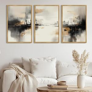 PHOPAGO Black Gray Abstract Landscape Framed Wall Art Large 24x36in Brown Tan Neutral Wall Decor Minimalist Modern Prints Home Decor - Natural Framed