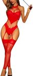 RSLOVE Women Bodystocking Lingerie Fishnet Footless Stockings Sexy Lace Bodysuit One Piece Babydoll One Size, Red