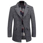 WULFUL Men's Wool Trench Standard Length Coat Winter Slim Fit Pea Coat with Free Removable Plaid Scarf, Medium