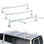 Universal Van Ladder Roof Racks with Rear Roller, 3 Bars Adjustable Length Matte Coating Van Rack with Ladder Stoppers, Fit Chevy Express Fullsize Van 1996-Up,for Vans with Rain Gutter Only