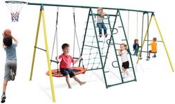 Metal Swing Set for Backyard,6 in 1 Swing Sets with 1 Saucer Swing, Basketball Hoop, 1 Seat, 1 Swing Glider, Climbing Net and Steps,Heavy-Duty A-Frame Outdoor Swing Set Holds Up to 700lbs Multicolor