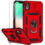 for iPhone XR Case with Camera Lens Cover HD Screen Protector, Dual Layer [15 FT Military Grade Drop Protection] Magnetic Ring Holder Kickstand Protective Phone Case for iPhone XR 6.1 inch (Red)