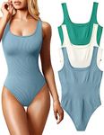 OQQ Women's 3 Piece Bodysuits Sexy Ribbed Sleeveless Square Neck Sleeveless Tank Tops Bodysuits Green Beige Haze blue