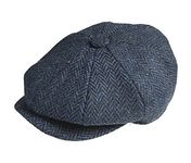 Peaky Blinders 'Newsboy' Style Flat Cap -Tweed Wool Fabric Variations (X Large ( 61 cm), Blue Herringbone)