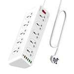 10 Way Extension Lead with USB Slots, 10 Gang Power Strip with 6USB(1 Type C + 5 USBA), Surge Protection Extension Cable, Extension Cord 2 Meter for Home Office, White