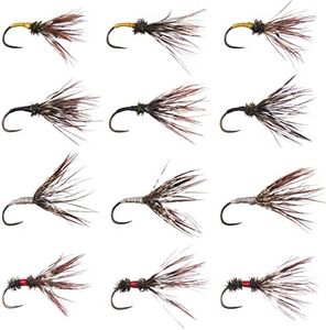 BASSDASH Trout Fly Fishing Flies Tenkara Wet Dry Flies Nymphs Sakasa Kebari 12pcs Assortment Barbless Barbed Hooks