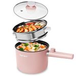 Topwit Electric Cooker with Steamer, 1.5L Ramen Cooker, Non-Stick Frying Pan, Cooking Pot for Pasta, BPA Free, Portable Pot with Dual Power Control, Over-Heating & Boil Dry Protection, Pink