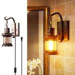 Rustic Plug in Wall Sconces, 2-in-1 Antique Bronze Vintage Wall Light Fixture, Industrial Vintage Farmhouse Antique Wooden Wall Lamp for Home Bedroom Dining Room café(1 Pack)