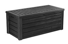 Keter Westwood 570L Storage Box, All-Weather Resin Deck Box and Stylish Outdoor Bench with Piston-Assisted Lockable Lid and Side Handles, Dark Grey