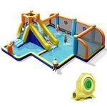 COSTWAY Inflatable Water Slide, Jumping Bouncy Castle with Climbing Wall, Football Field, Splashing Pool and Water Cannons, Outdoor Blow Up Activity Center for Kids Summer Play (with blower)