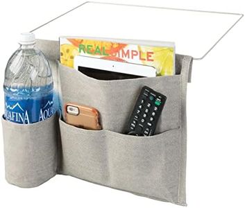 mDesign Bedside Storage Organizer Caddy Pocket - Slim Space Saving Design, 4 Pockets - Durable Heavy Weight Cotton Canvas - Holds Water Bottles, Books, Magazines, Light Gray/Wire Insert in Matte Satin