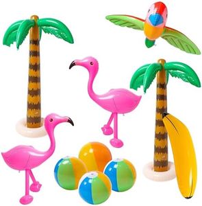 R HORSE 10 Pcs Inflatable Palm Tree Flamingo Banana Beach Ball Parrot Beach Pool Toys for Tropical Hawaiian Luau Party Summer Pool Party Decorations