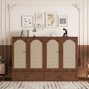 KEIKI Queen Size Murphy Bed Cabinet with Power Station & Large Drawer, Pine Wood Folding Chest Bed with Rattan Panel, Space-Saving Wall Bed, Walnut