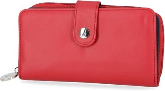 Nautica Womens - Be Shore Vegan Leather RFID Wallet - Zip Around Clutch Large Slim Phone Case and Multi-Card Organizer (Fuego Red)