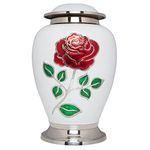 Ansons Urns White Cremation Urn with Colorful Enameled Rose - Funeral Urn with Large Long-Stem Flower on Front - Burial Urn for Human Ashes Large Adult Size - 100% Brass - 200 lbs