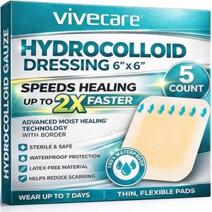 Vive Hydrocolloid Bandages - Large Sterile Blister Dressings - Medical Gauze Pads for Bed Sores, Burns, Cysts and Ulcer Treatment - Highly Absorbent Individual Patches - Non-Stick Padding (6" x 6")