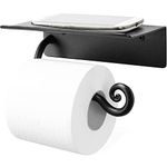 RTZEN Wrought Iron Toilet Paper Holder with Shelf | Black Rot Metal TP Roll Hanger | Wall Mounted Rod Handmade Roll Hanger | Perfectly Fits Smartphone, Wipes, Liquid Soap, Air Freshener, Little Books