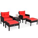 COSTWAY 5PCS Rattan Garden Furniture Set, 4-Seater Cushioned Sofa Chair with Glass Top Coffee Table and Footstool, Outdoor Patio Porch Balcony Wicker Table Chairs Set (Brown+Red)