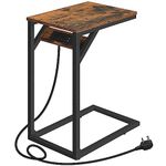 HOOBRO C Shaped Side Table, Sofa Table with Charging Station, Laptop Table for Sofa, 2 USB Ports 2 AC Outlets, Narrow Bedside Table with Power, Living Room, Bedroom, Rustic Brown and Black EBF07KSF01