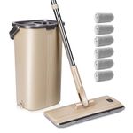 MASTERTOP Floor Mop and Buckets Sets, Flat Mop and Bucket with 6 Replacement Mop Pads and 133cm Long Handle, Easy Squeeze Bucket, Mops and Bucket Set for Floors Tiled Marble Hardwood Cleaning - Brown