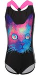 DUSISHIDAN Girls' Lovely Black Cat Printed Swimsuit Crisscross Back Swimwear UPF>50 Bathing Suit 8-10 Years