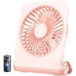 EasyAcc Small Desk Fan, Portable Battery Fan 2000 Capacity Battery 4 Speeds Strong Wind Ultra-Thin 220°Tilt Foldable Personal Fan Super Silent 25dB Mini Table Fan for Home Office Bedroom Outdoor-Pink