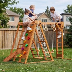 Avenlur 8-in-1 Small Indoor/Outdoor Playset – Foldable Wooden Kids Play Set for Backyard – Kid Playground for Toddlers Age 2–6 with Slide, Monkey Bars, 2 Ladders, 2 Swings, Rock Climbing, Gym Rings
