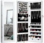 Giantex Wall/Door Mounted Jewelry Armoire Organizer with 2 LED Lights, Lockable Height Adjustable Jewelry Cabinet with Full Length Mirror, Large Capacity Dressing Makeup Jewelry Mirror Storage (White)