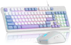 Wire Gaming Keyboard,Creamy Keyboard and Mouse Combo, 7 Colorful Rainbow Backlight Classic Gaming Keyboard (White & Blue & Purple)