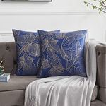 OMMATO Cushion Cover, 55 x 55 cm, Velvet Gold Leaves Cushion Covers, Decorative Cushion Cover for Sofa, Bedroom, Living Room, Royal Blue, Set of 2