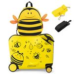 HONEY JOY Kids Luggage, 12” Children Travel Backpack & 18” Hard Shell Carry-on Luggage, Anti-Lost Adjustable Strap, Airplane Approved, 2 Pcs Ride-on Suitcase for Girls Boys(Yellow Bee)