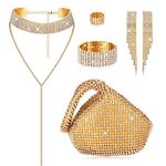 Kakonia 6 Pieces Women Crystal Jewelry Set Rhinestone Choker Necklace Stretch Bangle Bracelet Ring Dangle Fringe Earrings Triangle Glitter Bling Purse for Bridal Wedding Party(Gold)