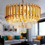 Modern Crystal Chandelier, Luxury Round Raindrop Chandelier, 4-Lights Gold Pendant Lights Fixture for Dining Room, loft, Entry-Way, Living Room, Kitchen Island, Bedroom, D15.74''