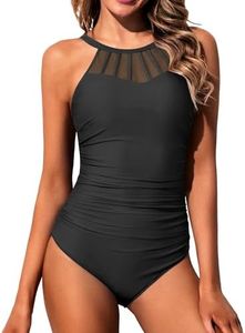 Holipick Women Tummy Control One Piece Swimsuit Modest Bathing Suit Full Coverage High Neck Swimwear, Black, Medium