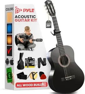 Pyle Beginner Acoustic Guitar Kit, 4/4 Full Size All Wood Build Nylon String Instrument with Capo, Gig Bag, Strap, Extra String Set, Guitars for Beginners Adults and Youth, 39" Black Gloss