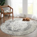 JINCHAN Round Rug 5ft Washable Rug Area Rug Vintage Rug Indoor Floor Cover Print Distressed Grey Multi Circle Rug 5' Round Gray Chenille Mat Accent Rug Kitchen Living Room Bedroom Dining Room