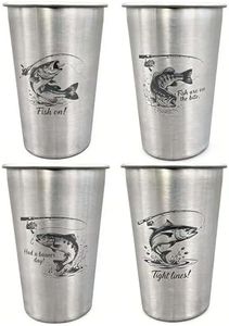 LVDGE 4 Pack 16oz Stainless Steel Cups - Unique Laser-Engraved Fish Graphics, Stackable Durable Metal Cold Drink Cups for Fishing Trips, Outdoor Gatherings & Parties (Fishing)